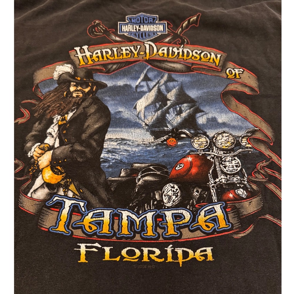 Harley-Davidson Tampa Florida Pirate Graphic T-Shirt Mens XL Black 2008 T-140